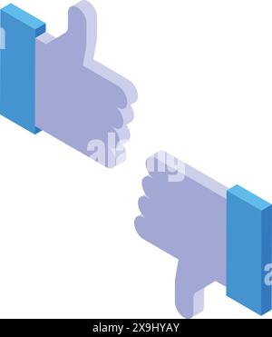 Pair of 3d isometric thumbs up and thumbs down icons in blue color Stock Vector