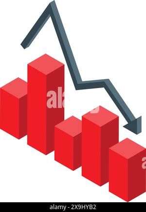 3d isometric illustration of declining graph chart with red and grey vector bars representing business finance data loss and downward trend in sales and market recession for economic performance analy Stock Vector