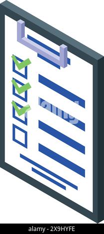 3d isometric icon of a checklist on a clipboard with green check marks, representing task completion Stock Vector