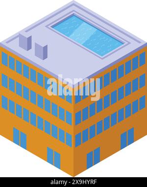 Colorful isometric illustration of a modern office building featuring a pool on the roof Stock Vector