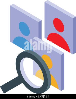 3d isometric illustration of user profiles and magnifying glass symbolizing audience analysis Stock Vector