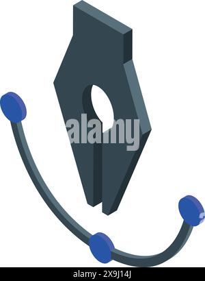 3d isometric illustration of a pen nib with three blue ink drops on a white background Stock Vector