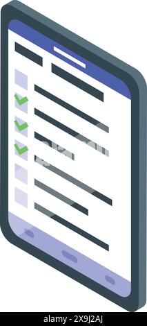 Isometric illustration depicting a checklist with green checkmarks on a stylized tablet Stock Vector
