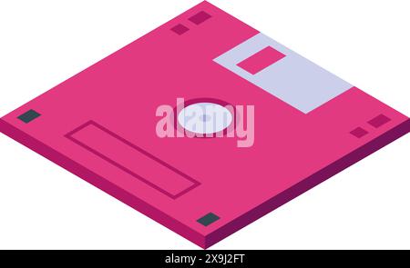 Isometric illustration of an iconic pink floppy disk, symbolizing retro technology Stock Vector