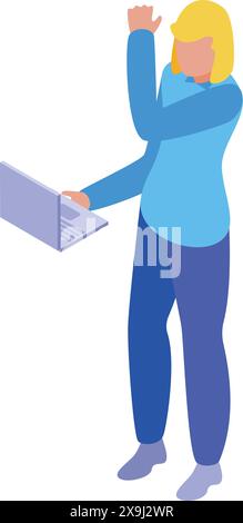 Isometric businesswoman using laptop for online corporate work in a modern office setting vector illustration of a professional woman browsing the internet and accessing web content Stock Vector