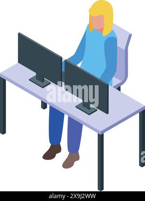Isometric illustration of a woman working at a desk with two computer monitors Stock Vector