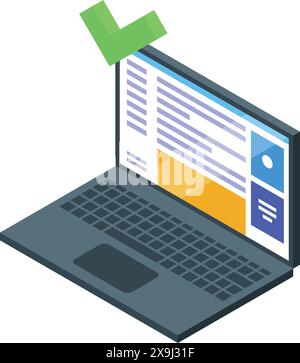 Isometric illustration of a laptop with a vibrant screen displaying a green checkmark, symbolizing task completion or approval Stock Vector