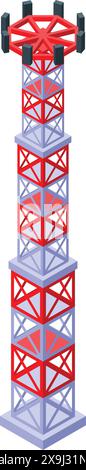 Detailed isometric illustration of telecommunication tower with cell antenna in 3d. Isolated on white background Stock Vector