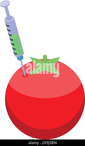 Stylized illustration depicting a syringe injecting a green substance into a ripe red tomato Stock Vector