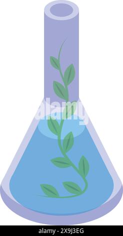 Vector illustration of a plant stem inside a blue laboratory flask, symbolizing sustainable science Stock Vector