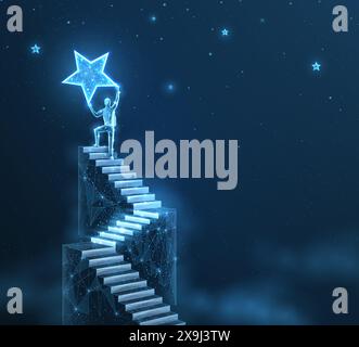 Man on the top of stair reach star. Achieve dream, Career growth, Reach goal, Success ladder Stock Vector