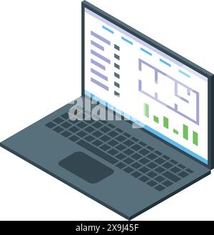 3d isometric illustration of open laptop showing graphs and data analysis on screen Stock Vector