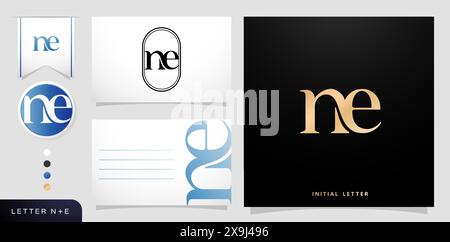 a set of business cards with the letter NE Luxury Initial Letters N and E Logos Designs in Blue Colors for branding ads campaigns, letterpress Stock Vector