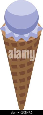 Digital graphic of a waffle cone with one scoop of purple ice cream, isolated on a white background Stock Vector