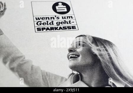 Viersen, Germany - May 9. 2024: Retro old magazine black and white german financial institution Sparkasse advertising from 1969 Stock Photo