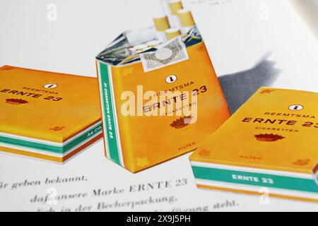 Viersen, Germany - May 9. 2024: Retro old magazine Reemtsma Ernte 23 cigarettes german advertising from 1964 Stock Photo