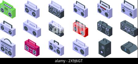 Boombox icons isometric set vector. A collection of different colored portable music players. The collection includes a variety of shapes and sizes, with some being more modern and others more retro. Scene is one of nostalgia Stock Vector