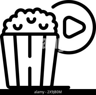 Black line icon with a popcorn bucket and play symbol, representing movie time Stock Vector