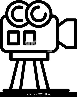 Black and white line icon of a classic film camera on a tripod, evoking retro cinematography Stock Vector