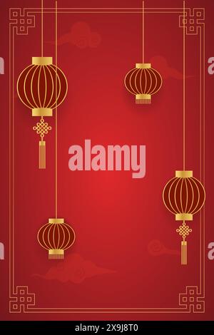 Chinese New Year, gold and red, template for greeting, banner, poster. vertical 2025 blank gold Chinese New Year Stock Vector