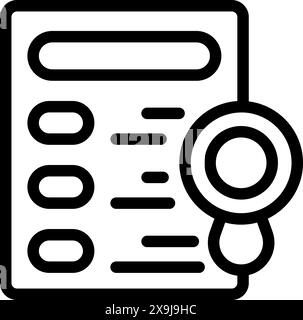 Black and white line art illustration of a checklist clipboard with a magnifying glass Stock Vector