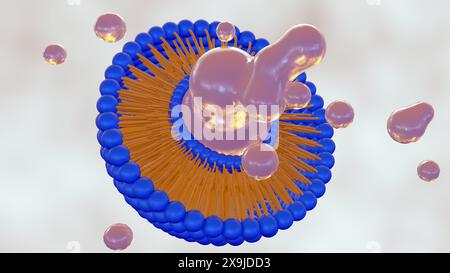 3d rendering of compromised liposome releasing its contents. Magnified image of a liposome, showing leakage of its encapsulated material. Stock Photo