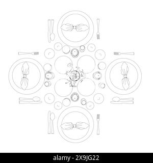 Outline of the layout of kitchen appliances on a table in a restaurant made of black lines isolated on a white background. View from above. Four place Stock Vector