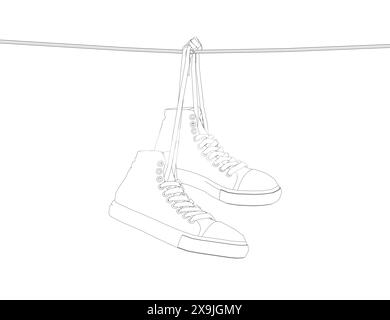 Contour Sneakers hanging from a rope on the white background. Vector illustration. Stock Vector