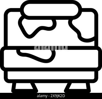 Linear black and white vector illustration of a cozy bed with pillows and blanket Stock Vector