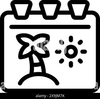 Black line art icon for summer travel, featuring a palm tree and sun Stock Vector