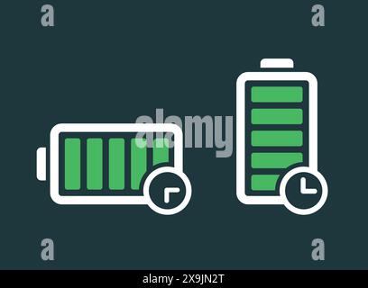 Long battery life icon in flat style. Battery charging process vector illustration on isolated background. Accumulator recharge sign business concept. Stock Vector