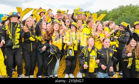 London, UK. 01st June 2024. The Borussia Dortmund Under-17 women's teams celebrate at the fan site. The official Borussia Dortmund fan park in Hyde Park gets busy with football fans. Around 20,000 are expected at the site, by 12 noon today, nearly 15,000 had already arrived to sing, party, enjoy the stage programme and later giant screens. The UEFA Champions League Final between Real Madrid and Borussia Dortmund will kick off at 8pm GMT at Wembley Stadium today. Credit: Imageplotter/Alamy Live News Stock Photo