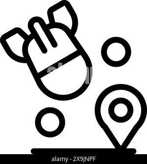 Black and white vector icon of a hand cursor pointing with map pins, symbolizing digital navigation Stock Vector