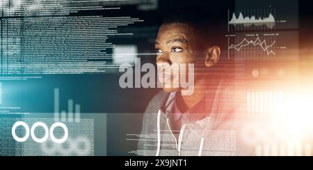 Man, web developer and coding overlay with statistics for fintech app, reporting and chart software. Male person, programmer and hologram with graph Stock Photo
