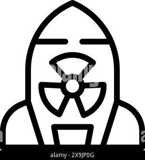 Cartoon nuclear rocket icon in black and white line drawing style. Representing the danger and innovation of radioactive energy and missile propulsion Stock Vector