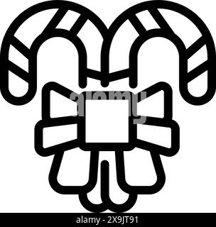 Black and white line art of two candy canes crossed with a ribbon, symbolizing holiday cheer Stock Vector