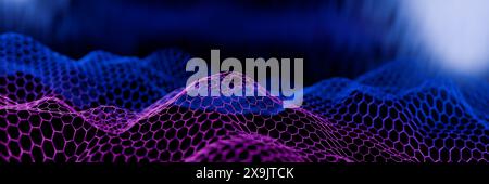 Abstract digital landscape with blue and purple hexagonal grid patterns. 3d rendering Stock Photo
