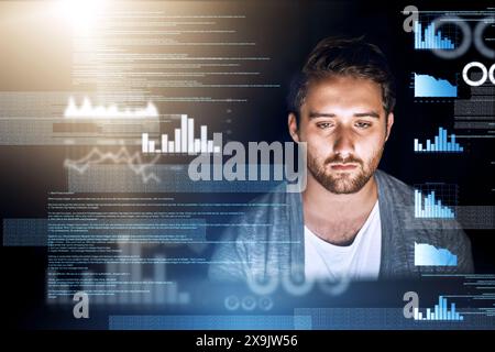 Tired, programmer and coding with statistics overlay for fintech app or reporting software and fatigue. Male person, web developer and burnout with Stock Photo