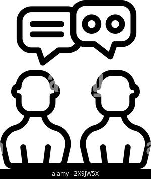 Black and white icon showcasing a conversation with stylized people and speech bubbles Stock Vector
