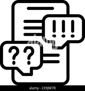 A black and white icon featuring speech bubbles with question marks, symbolizing q and a Stock Vector