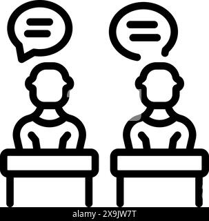 Black and white vector icon depicting a conversation between two individuals with speech bubbles Stock Vector