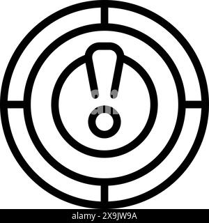 Minimalistic icon featuring an exclamation mark at the center of a target in a bold, black and white design Stock Vector