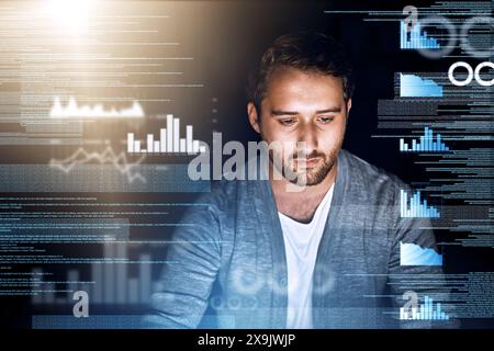 Man, web developer and statistics overlay with coding or script for fintech app and ecommerce software. Male person, programmer and hologram with Stock Photo