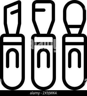 Black and white graphic of three different types of screwdrivers, depicting a flathead, phillips, and hex tool Stock Vector