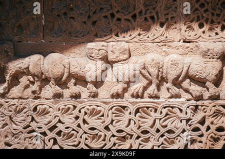Cervatos, Spain, August 24th 2017: Intricate stone carvings of Beasts at San Pedro de Cervatos Church Stock Photo