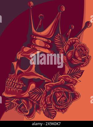 vector illustration of skulls crown and red roses on white background Stock Vector