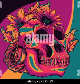vector illustration of monkey skull with flower Stock Vector