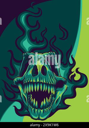 Vector illustration of Tyrannosaurus rex skull with flames on isolated background . Stock Vector