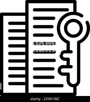 Black line icon depicting a magnifying glass over two vertical documents, symbolizing search or review Stock Vector