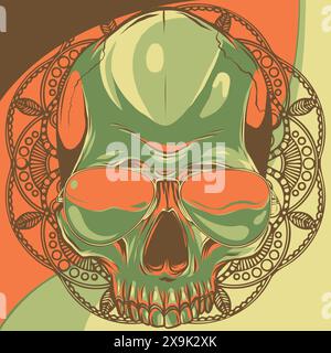 vector illustration of skull with sunglasses and mandala on background Stock Vector